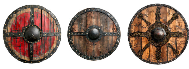 Assortment of wooden and metallic viking shields in different rustic styles, Isolated on Transparent Background, PNG