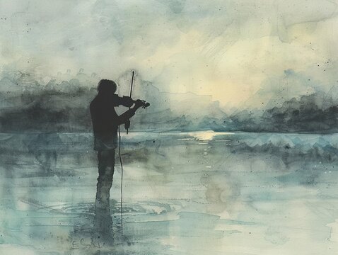 Misty dawn reveals a lone figure, a violins silhouette against a silent lake, music hanging in the crisp air