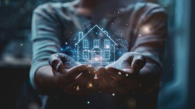 Magical hologram of a house in hands, perfect for illustrating mortgage technology