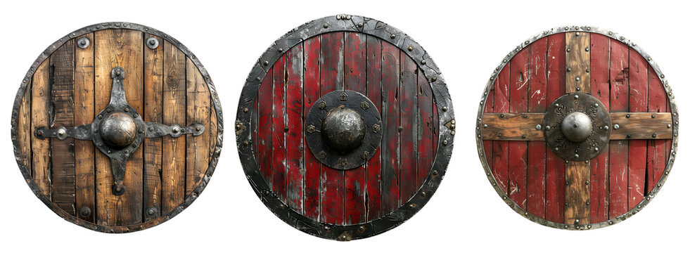 Collection of rustic viking shields in various styles: wooden and metallic, Isolated on Transparent Background, PNG
