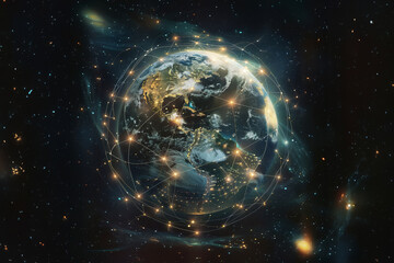 Global network concept with the Earth and luminous lines of communication against cosmos backdrop. Celestial connections - obrazy, fototapety, plakaty