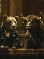 The bear and bull in a courtroom, dressed in legal attire, representing opposing forces in financial litigation