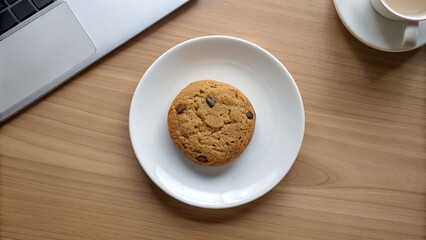 Cookie on White Plate on Office Table - Top View Bakery Snack
