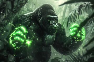 A gorilla pounding its chest with neon green gauntlets, in a dense jungle under heavy rain