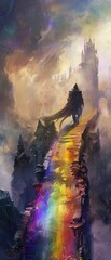 A knight traversing a bridge made of rainbows in a misty realm