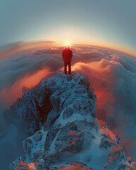 as the wearer stands atop a misty mountain peak at dawn, enveloped in the ethereal glow of the rising sun