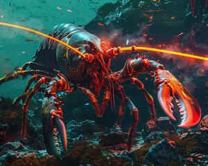 A lobster with neon orange claw blasters, defending its rocky coastal territory