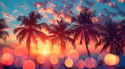 Fototapeta na wymiar Tropical Palm Trees Silhouette at Sunset - Vintage Tone and Bokeh Lights - Perfect for Summer Vacation Vibes