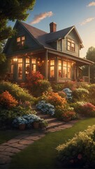 Fototapeta na wymiar Garden Splendor: Idyllic Home with Flourishing Landscape