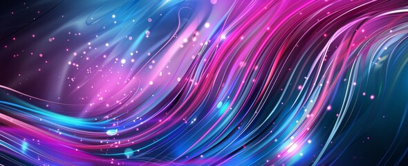 Fototapeta na wymiar Abstract neon wave background with glowing particles in pink and blue hues.