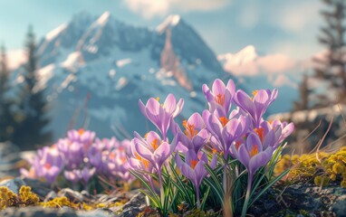 White mountain landscape having beauty of nature around, blooming crocuses in the foreground - obrazy, fototapety, plakaty