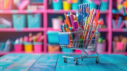 Back-to-School Shopping Cart Filled with Essential School Supplies