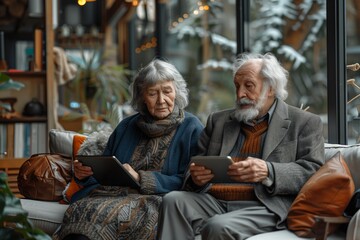 An elderly couple is leisurely sitting on a couch sharing a tablet, engaging in a fun conversation about art and painting. His beard adds charm to the scene, making it a delightful visual arts event