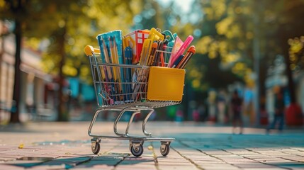 Back-to-School Shopping Cart Filled with Essential School Supplies - obrazy, fototapety, plakaty