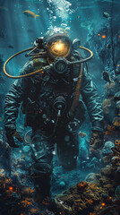 Deep sea diver, diving suit, seeking treasures on ocean floor, surrounded by exotic sea life, featuring bioluminescent creatures Realistic, Blue hour, HDR