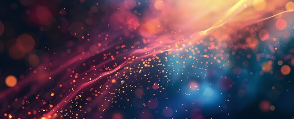Cosmic abstract background with a stream of red particles and bokeh on a deep blue backdrop.