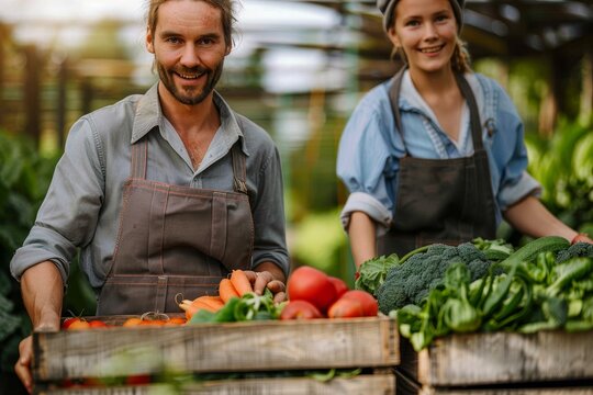 A joyful father and daughter team showcases a colorful, healthy collection of organic vegetables