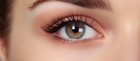 Obraz premium A close-up image showcasing a woman's eye with beautifully long eyelashes perfectly adorned with brown eyeliner, enhancing her natural beauty