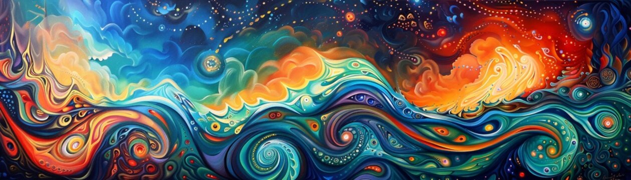 Create a mesmerizing oil painting that captures the essence of a magical journey through vibrant colors and swirling patterns , high detailed