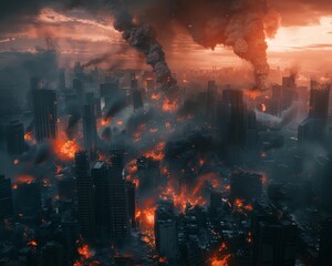 Dystopian cityscape engulfed in flames and smoke after a catastrophic nuclear detonation , professional color grading