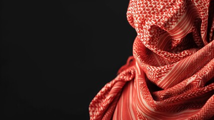 A closeup of the traditional red shemagh headscarf worn by Saudi men, set against a black background with space for text - obrazy, fototapety, plakaty