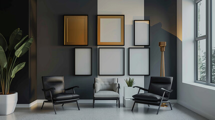 A mockup Image of  Photo Frames hanging on a wall in a modern stylized Room