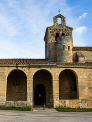Fototapeta na wymiar Valdenoceda Catholic Church in Gothic style, built of light limestone near Villavicios, Asturias, Spain. Ancient medieval building, religious house