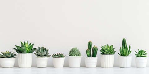 Assorted Succulents and Cacti in White Pots Against Minimalist Background, with copy space