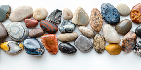Colorful Collection of Smooth Polished Pebbles Displayed Neatly on Bright Background