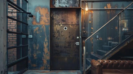 An industrial loft entrance showcasing a bold metal door with a modern combination lock for an edgy...