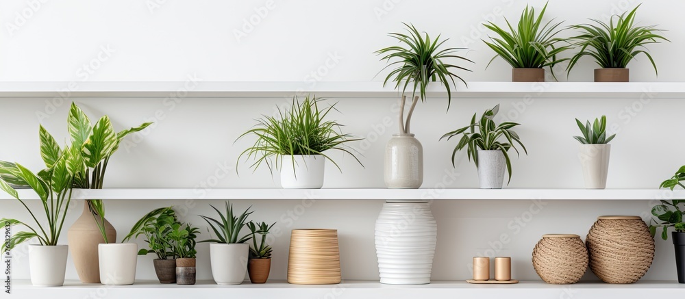 Poster several shelves in a row are filled with an assortment of potted plants and greenery in a botanical 