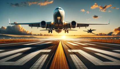 airplane taking off from a runway. The scene captures the airplane front and center with its landing gears - obrazy, fototapety, plakaty