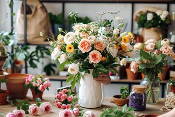 A skilled florist assembles a vibrant bouquet of flowers in a chic white vase on a well-adorned table