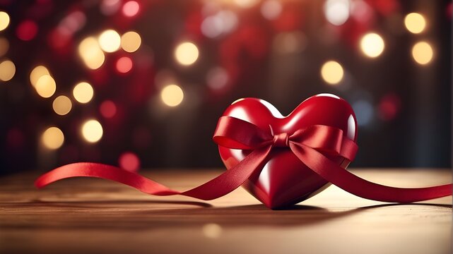 A red heart with a ribbon on a table with blurry lights in the background and a blurry background. The image should feature a photorealistic rendering of a red heart with a ribbon, placed on a wooden 