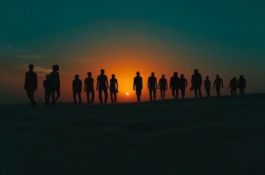 A line of people walking under a sunset sky in the desert, possibly a journey or shared experience