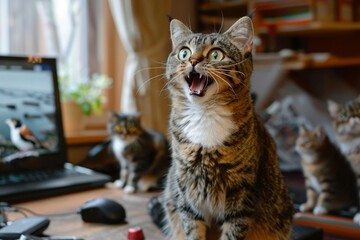Virtual kitty conference in session, cats meowing excitedly about birdwatching and sunbathing spots , Prime Lenses