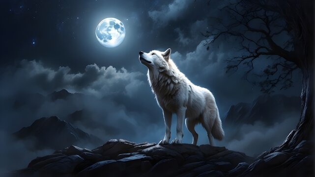 wolf howling at night, Digital illustration of a white wolf howling at the moon. The illustration should capture the mystique and magic of the scene, with stylized elements and exaggerated proportions