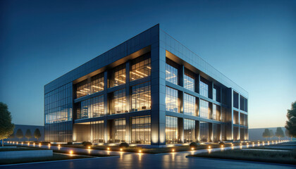 industrial building at twilight with large glass windows reflecting the fading light. The structure has a sleek