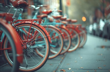 A line of vibrant red rental bikes lined up on a leaf-strewn city sidewalk