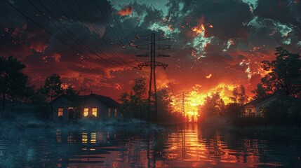 A powerful illustration of a neighborhood submerged in water with the sun setting between electric lines