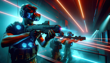 futuristic laser tag arena with players wearing VR headsets.