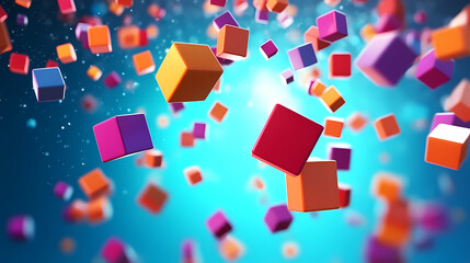 Abstract colorful floating cube in motion, blockchain cube