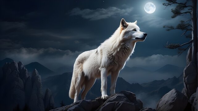 White wolf howling at the moon. The image should depict a majestic white wolf standing on a rocky outcrop, its head thrown back in a haunting howl towards the full moon in the night sky. The wolf shou