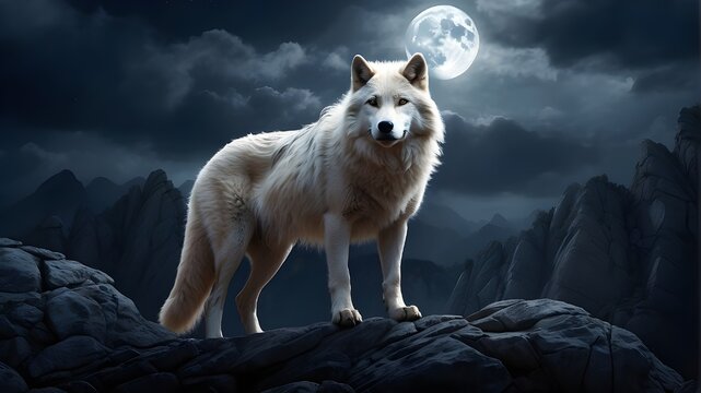 White wolf howling at the moon. The image should depict a majestic white wolf standing on a rocky outcrop, its head thrown back in a haunting howl towards the full moon in the night sky. The wolf shou