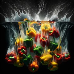 A vibrant scene where a collection of ripe bell peppers, in a variety of colors and speckled with water droplets.
