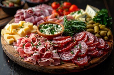 Fototapeta na wymiar Gourmet charcuterie board filled with a variety of meats, cheeses, and accompaniments