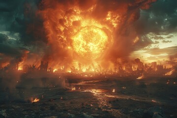 A cataclysmic explosion over a decimated cityscape creating a dramatic apocalyptic scene with orange fiery skies