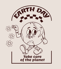 Poster for the celebration of earth day on April 22. Save and preserve the planet. Character in groovy style.  Planet. Eco system. Greenery. Mother Earth. Funky mascot. World of Environment Comic. Y2k