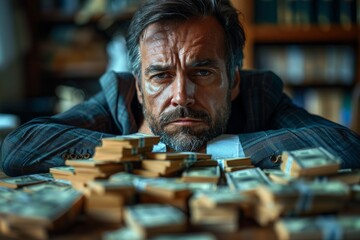 A focused man with a serious expression sitting at a desk surrounded by stacks of money, portraying wealth and contemplation
