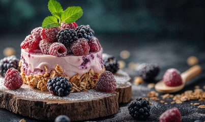 Summery berry cheesecake on rustic wooden base. Generative AI image